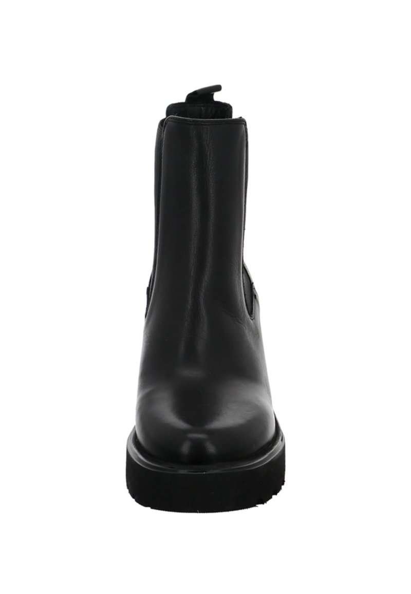 Botín de piel negra hasta el tobillo con un acabado suave, punta redonda, paneles elásticos a los lados y una lengüeta en la parte posterior para facilitar su puesta.