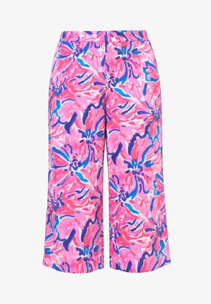 Rosa Hosen mit weitem Bein und abstraktem Blumenmuster in Blau und Koralle, mit elastischem Bund.