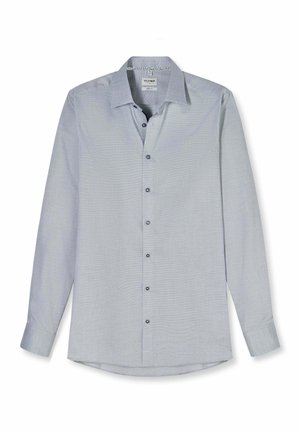 Hellgraues langärmeliges Hemd mit Knopfleiste, klassischem Kragen und Manschetten mit einem einzelnen Knopf, flach auf weißem Hintergrund dargestellt.