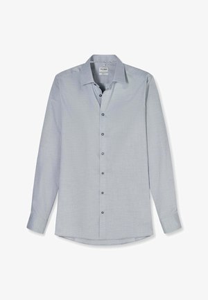 Lichtgrijs overhemd met lange mouwen, knoopsluiting, een klassieke kraag en manchetten met één knoop, plat weergegeven tegen een witte achtergrond.