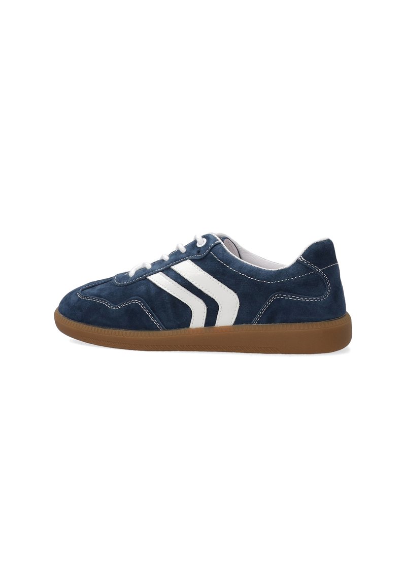 Navy blue suede sneaker featuring white stripes, round toe, lace-up front, and a gum rubber sole. Textured surface with contrasting stitching.