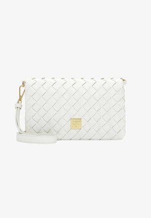 Witte gevlochten leren clutch met afneembare polsband en gouden SF-logo op de voorkant.