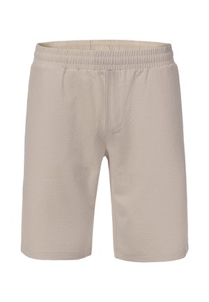 Pantalones cortos de color beige claro con textura, cintura elástica y sin bolsillos visibles, mostrados sobre un fondo blanco.