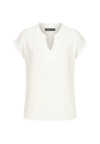 Hvid kortærmet top med V-udskæring og afslappet pasform. Lavet af tekstureret stof, der præsenterer et glat, minimalistisk design.