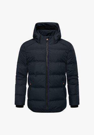 Marineblauwe gewatteerde jas met hoge kraag en capuchon, geruite patroon, voorzijde met ritsluiting en elastische manchet. Heeft zijzakken.