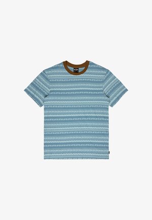 Tričko s krátkym rukávom z modrej textúrovanej tkaniny s geometrickými bielymi vzormi, hnedým okrúhlym výstrihom a rovný lem.