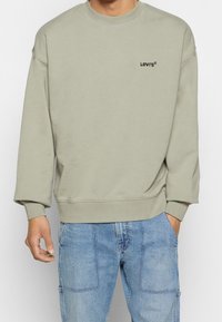 La sudadera verde oliva de Levi's presenta un cuello redondo, hombros caídos, puños acanalados y un pequeño logo negro en el pecho. Tejido suave y texturizado.