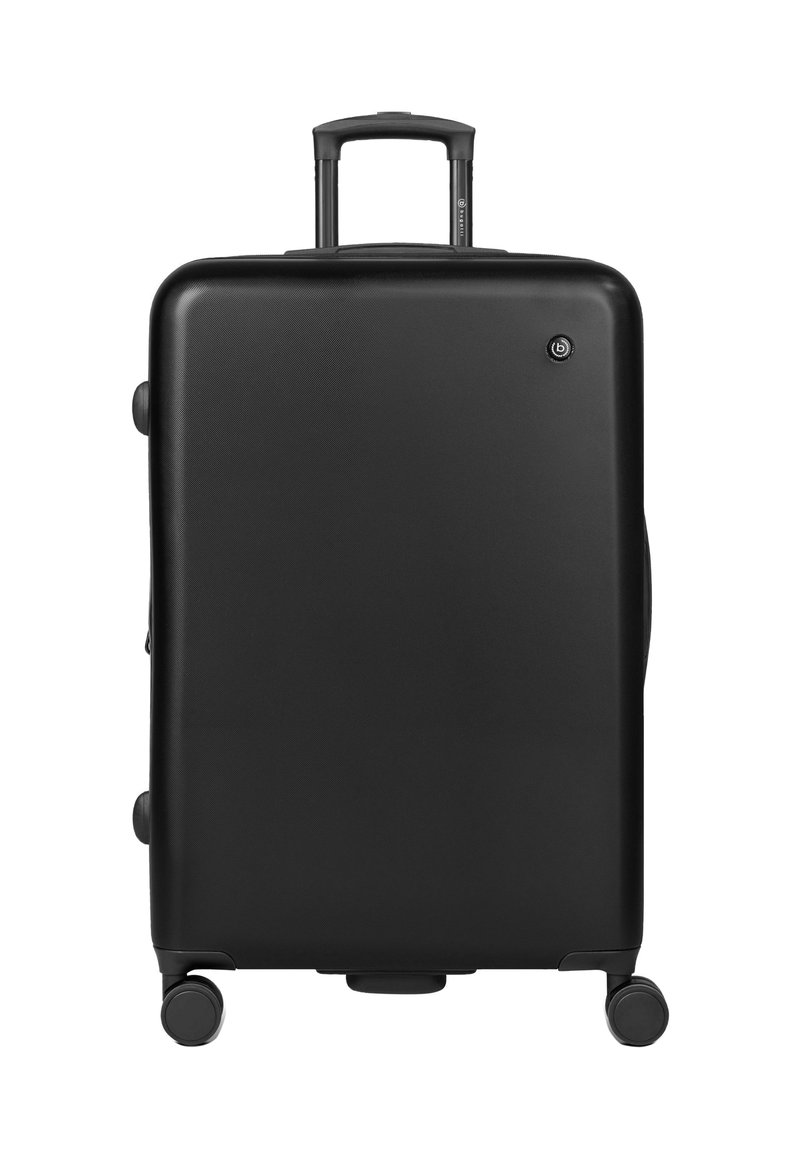 Valigia rigida nera con superficie texturizzata, manico retrattile, quattro ruote e un logo sul fronte. Forma compatta e rettangolare.