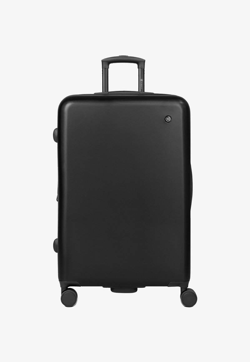 Valigia rigida nera con superficie texturizzata, manico retrattile, quattro ruote e un logo sul fronte. Forma compatta e rettangolare.