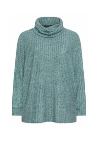 Neule pusero, jossa on teksturoidusta teal-kankaasta valmistettu kauluksen muoto, korostettu ribatulla muotoilulla ja pitkillä hihoilla. Mallissa on rento istuvuus ja pudotetut olkapäät.