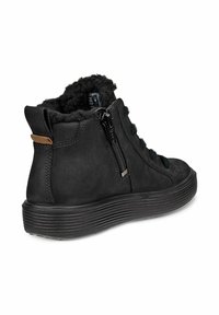 Czarne wysokie trampki z wyściełanym futerkiem, bocznym zamkiem, sznurowanym przodem i teksturowaną podeszwą, idealne na codzienne zimowe noszenie.