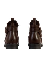 Brown leather ankle boots with a smooth texture, reinforced stitching, side zippers, and back pull tabs for easy wear.