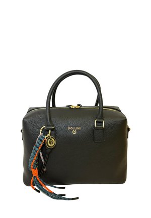 Borsa a mano in pelle nera testurizzata con cerniera dorata, doppi manici, logo Pollini e portachiavi a nappina intrecciata multicolore sul lato.