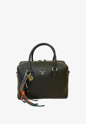 Borsa a mano in pelle nera testurizzata con cerniera dorata, doppi manici, logo Pollini e portachiavi a nappina intrecciata multicolore sul lato.