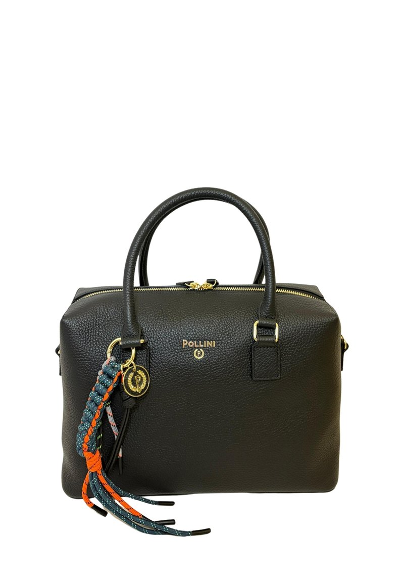 Borsa a mano in pelle nera testurizzata con cerniera dorata, doppi manici, logo Pollini e portachiavi a nappina intrecciata multicolore sul lato.