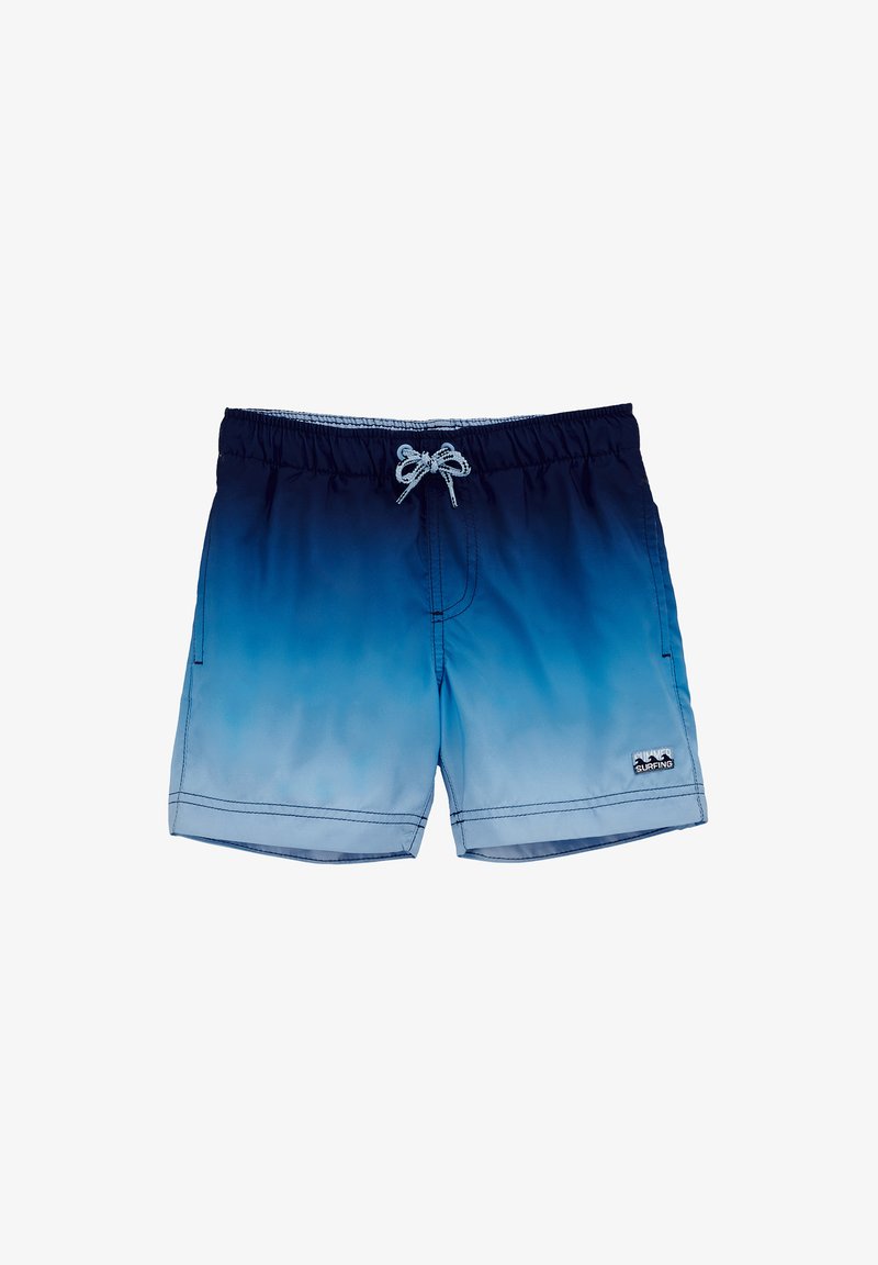 Mėlynos gradientinės maudymosi šortai, pagaminti iš lengvos medžiagos, su elastinga juosta ir raišteliu, taip pat su šoninėmis kišenėmis.