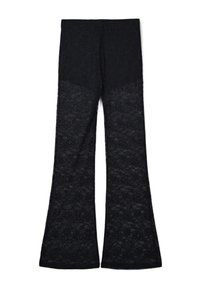 Pantaloni neri in pizzo a zampa d'elefante con vita aderente e un intricato motivo floreale su tutta la superficie. Il tessuto è semitrasparente con una superficie testurizzata.