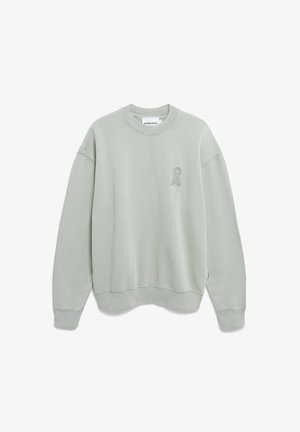 Light gray sweatshirt with long sleeves, crew neck, ribbed cuffs and hem, featuring a small embroidered logo on the left chest. Soft cotton material.