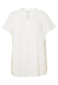 Biała bluzka krótki rękaw z okrągłym dekoltem i wiązaniem, wykonana z lekkiego materiału z subtelnymi fakturowanymi kropkami.