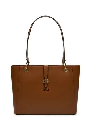 Borsa a tracolla in ecopelle marrone con doppie cinghie, hardware dorato, logo frontale e base piatta per stabilità. Presenta un design strutturato.