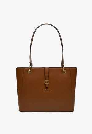 Borsa a tracolla in ecopelle marrone con doppie cinghie, hardware dorato, logo frontale e base piatta per stabilità. Presenta un design strutturato.