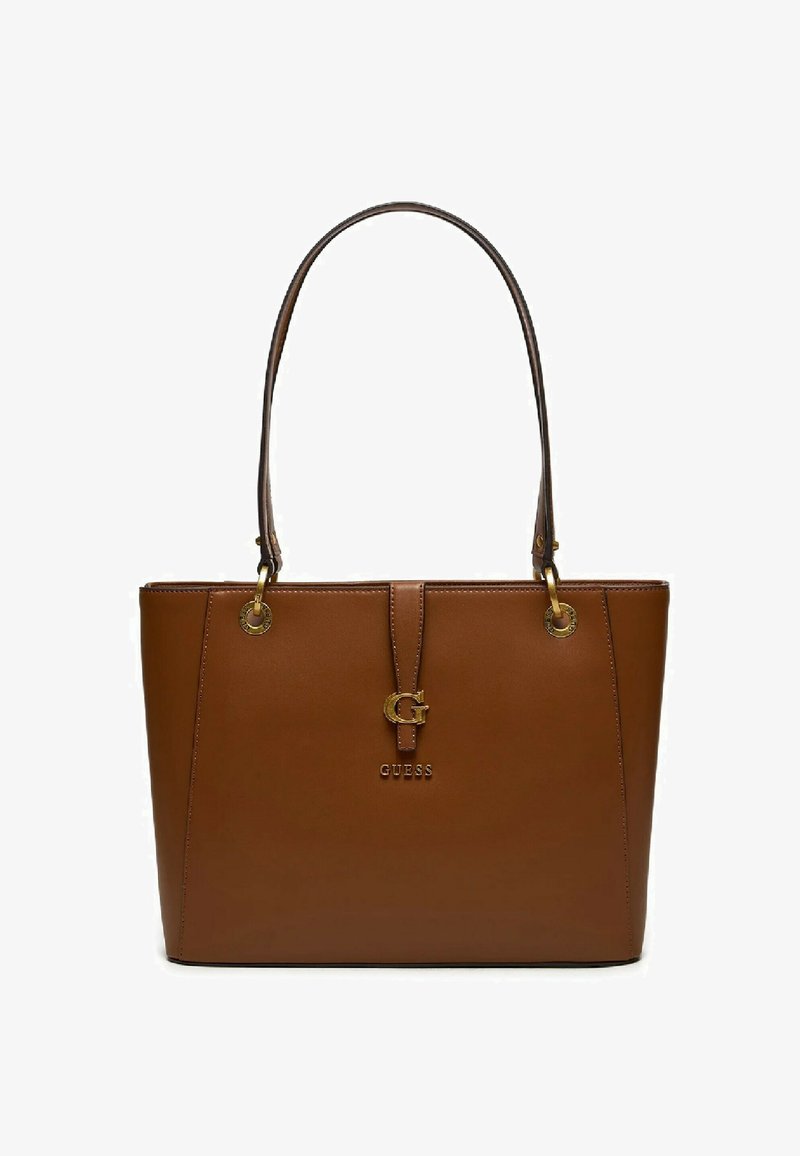 Borsa a tracolla in ecopelle marrone con doppie cinghie, hardware dorato, logo frontale e base piatta per stabilità. Presenta un design strutturato.