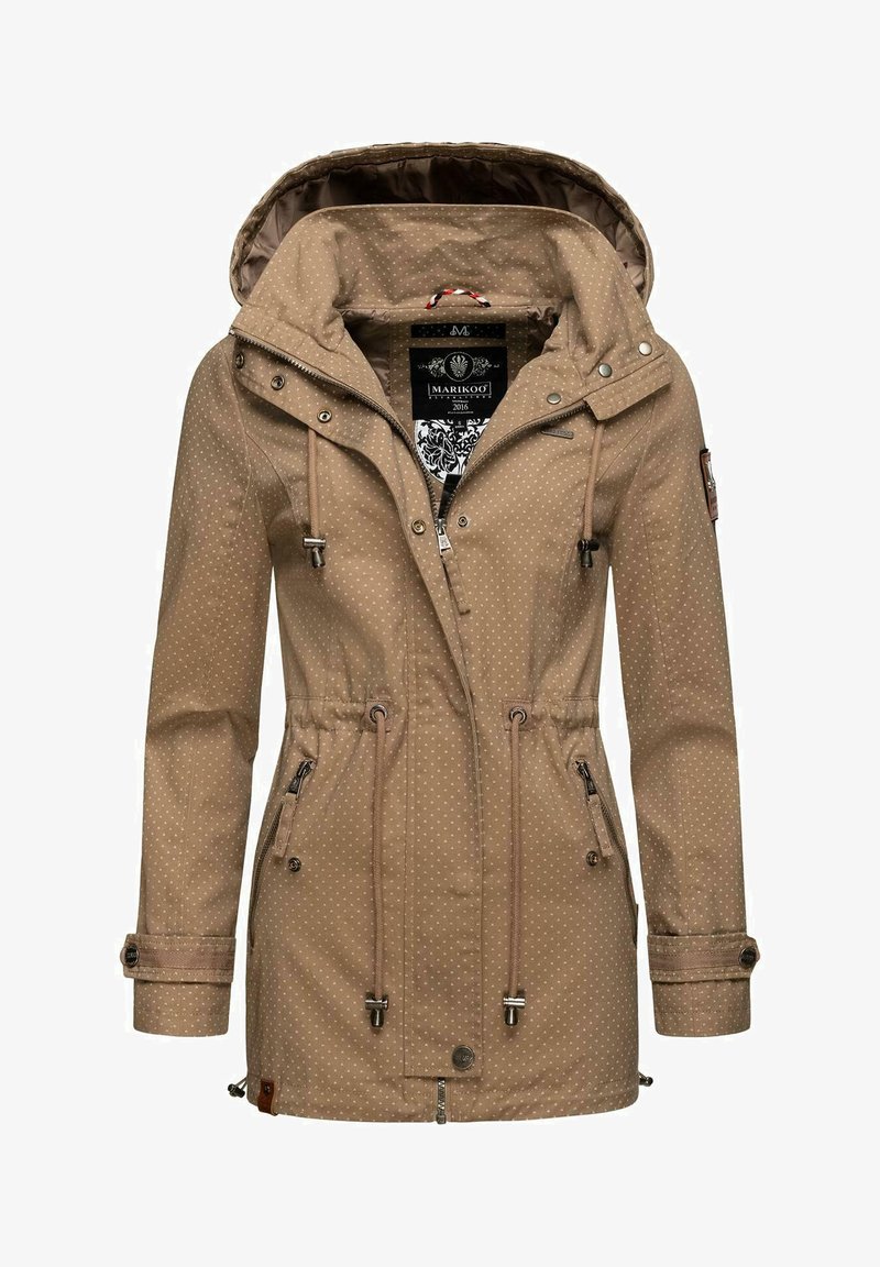 Veste marron à pois avec taille ajustable à cordon, capuche réglable, deux poches latérales zippées et fermeture éclair. Fabriquée en matériau lisse et résistant à l'eau.