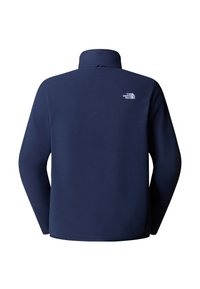 Marineblaue Fleecejacke mit langen Ärmeln, hohem Kragen und kleinem weißen "The North Face"-Logo auf der oberen rechten Rückenseite.