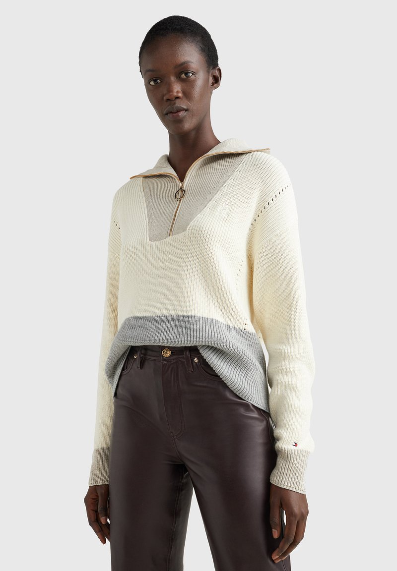 Tommy Hilfiger BLOCK HALF ZIP SWEATER Jumper ecru grey oat color