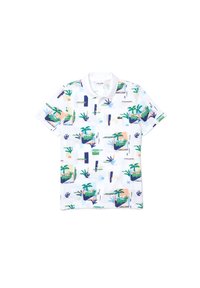 Polo à manches courtes en coton blanc, orné d'un motif abstrait coloré avec des plantes et des formes géométriques en vert, bleu et orange.