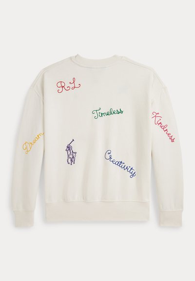 Krémová mikina s výšivkou textu v rôznych farbách: "R L" (červená), "Timeless" (zelená), "Kindness" (ružová), "Creativity" (modrá), "Dream" (žltá) a fialový logom koňa.