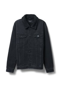 Giubbotto in denim nero con colletto testurizzato e morbido, chiusura con bottoni e due tasche sul petto con pattina a pressione. Maniche lunghe con polsini bottonati.