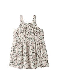 Blomstertrykt kjole med gathered bodice, justerbare stropper og en svingete skjørt. For det meste lys bakgrunn med rosa og grønne aksenter.