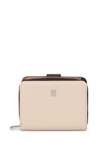 Beige textured wallet with a brown zip closure, featuring a silver bear logo on the front. Compact rectangular design for easy carrying.