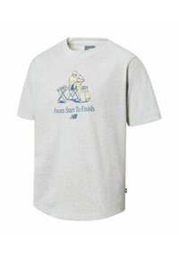 Light gray short-sleeve t-shirt made of cotton, featuring a blue graphic of a person sitting with a dog and the text "From Start To Finish."