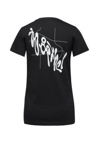 Sort bomulds t-shirt med rund hals. Har et stort abstrakt hvidt grafisk print på ryggen, der inkluderer flydende linjer og geometriske elementer.