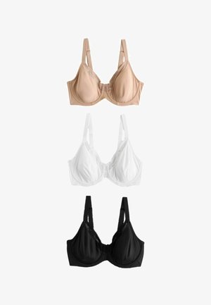Tre bøjle-BH'er i beige, hvid og sort, hver med justerbare stropper og blonder, vist på en hvid baggrund.