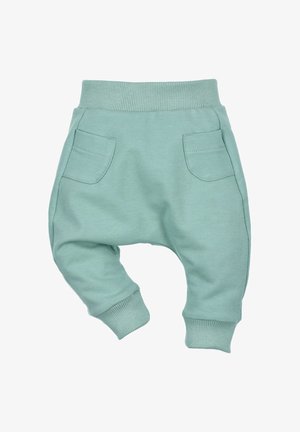 Lichtgroene joggingbroek van een katoenmix. Heeft een geribde tailleband, boorden en twee voorzakken met zichtbare stiksels.