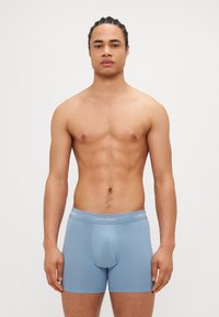Boxeri scurți din bumbac de culoare albastru deschis, cu o textură netedă, având un brâu gri cu logo-ul Calvin Klein. Design ajustat și laterale fără cusături.