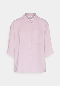 Light pink short-sleeve button-up shirt with pointed collar and single chest pocket, displayed on plain white background.