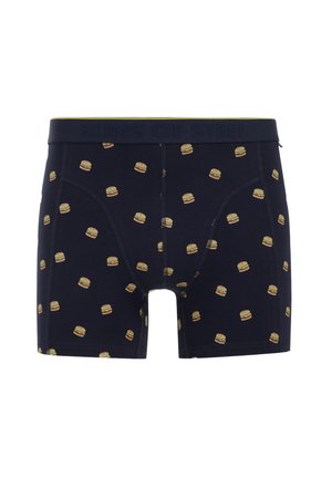 Navy cotton boxer shorts featuring a repeated burger pattern, elastic waistband with "BUNS OF STEEL" text, and functional fly.