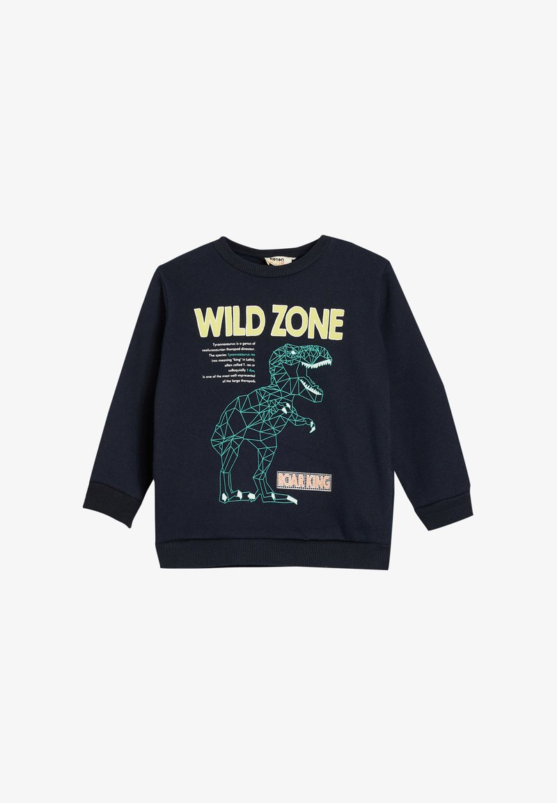Felpa blu navy con polsini e orlo a coste. Presenta una grafica geometrica di un dinosauro e il testo "WILD ZONE" in giallo chiaro.