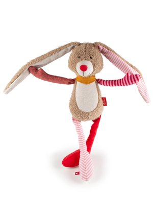 Coniglio di peluche con orecchie lunghe, naso rosso e pancia bianca, indossa un collare giallo; braccia e gambe hanno motivi a strisce rosse e rosa.