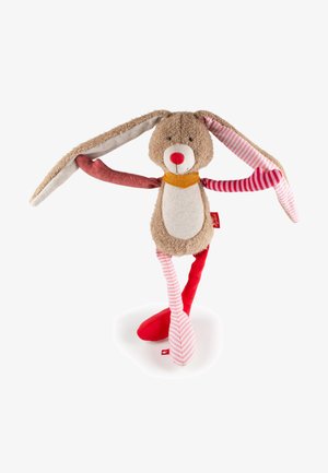 Lapin en peluche aux longues oreilles, nez rouge et ventre blanc, portant un collier jaune ; les bras et les jambes ont des motifs rayés rouges et roses.