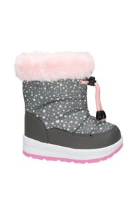 Botte d'hiver pour enfants en tissu gris à pois roses, avec un bord en fausse fourrure rose, un cordon de serrage rose, et une semelle blanche et rose.