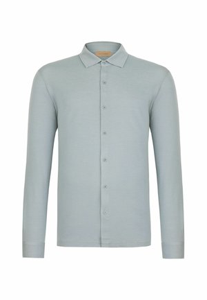 Lysegrå langærmet skjorte med knapper og krave, seks knapper foran, vist på en hvid baggrund.