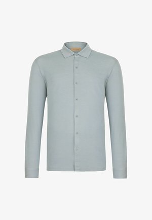 Lysegrå langærmet skjorte med knapper og krave, seks knapper foran, vist på en hvid baggrund.