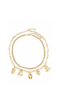 Zelta tonēta daudzslāņu kaklarota ar dažādiem ķēdes stiliem un piekariņiem, tostarp zīle, vardīte, sirds un vabolīte. Gluda tekstūra, delikāts dizains.