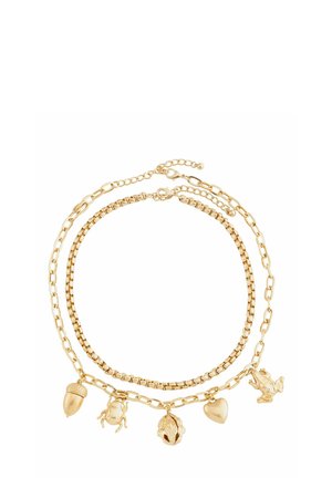 Kuldtooni mitme kihiga kaelakee, millel on erinevad ketistiilid ja ripatsid, sealhulgas kaske, konn, süda ja süng. Sile tekstuur, peen disain.