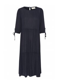 Vestido azul marino de longitud media con un escote redondo, mangas tres cuartos y detalles de lazo en los puños; diseño en capas y textura suave.